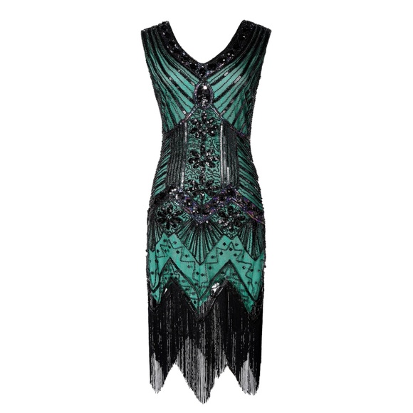 Black and Green glass beaded Fringe Flapper Dress - Picture 5 of 8